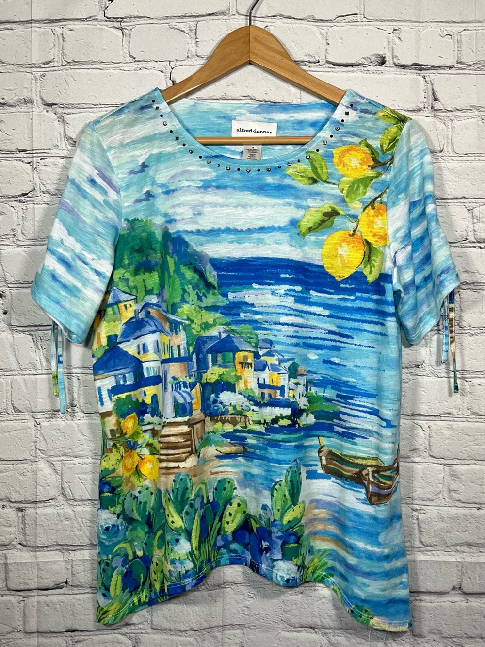 Alfred Dunner Blouse T Shirt Womens Size Small Coastal Boats Studded Round Neck